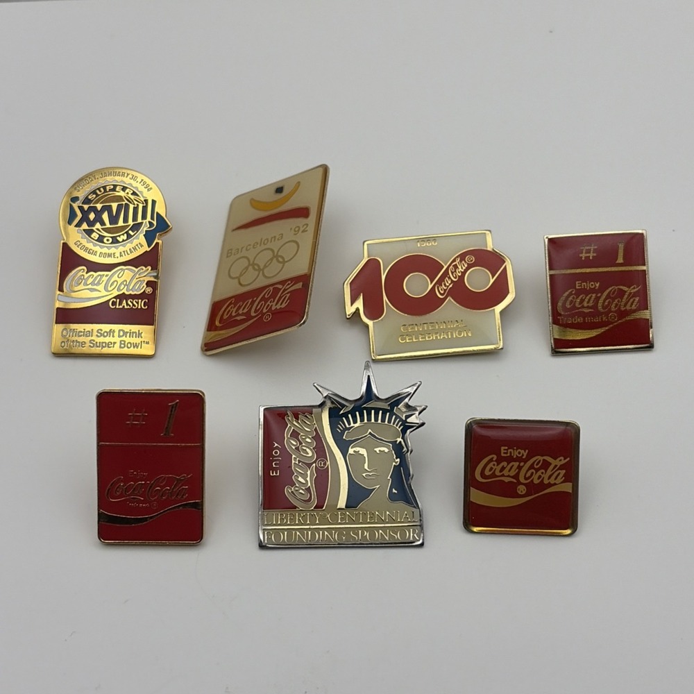 Lot Of 7 Coca-Cola Coke Olympics Super Bowl Statue Of Liberty Lapel Hat Pins C1